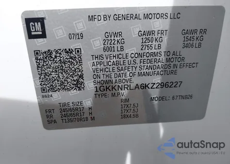2019 GMC Acadia Sle-1 из США, поврежденный, VIN 1GKKNRLA6KZ296227